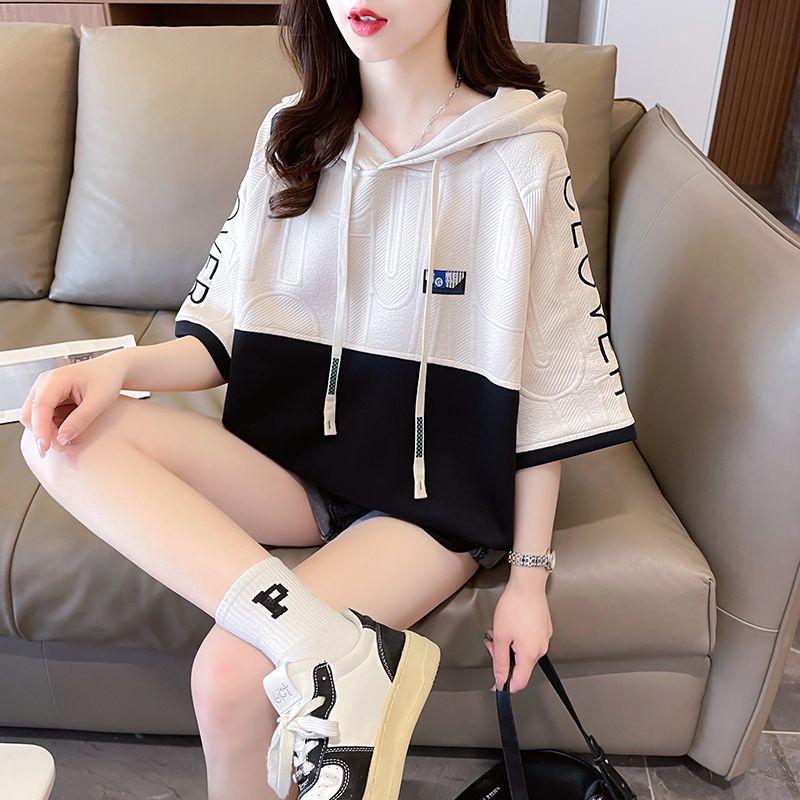 Dam Kortärmad Huvtröja Plus Size Patchwork T-shirts Koreansk Stil Lös Topp Oversized Sweatshirt