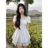 Waist one-word neck bubble sleeves fluffy princess dress summer new Zhizhi grape gentle girl floral dress