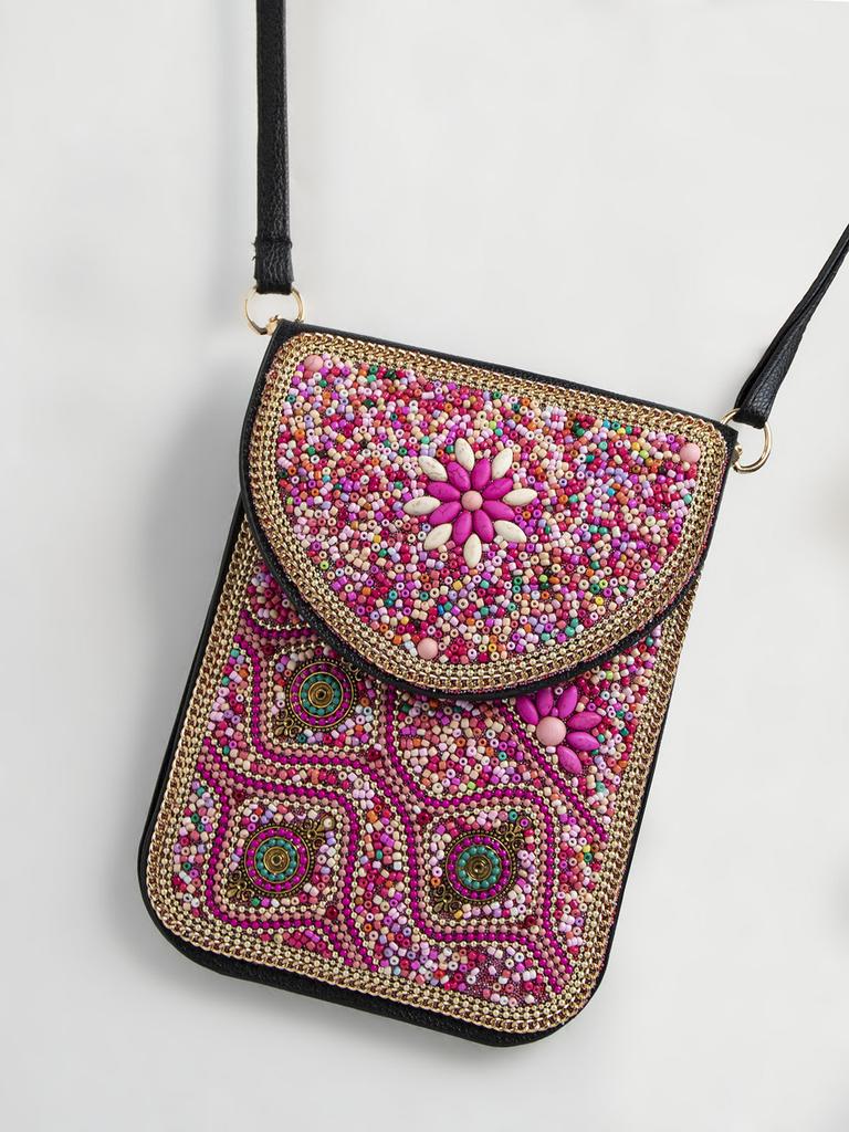Bohemian Theme Pu Handbag With Magnetic Flap And Floral Accents For Daily Outings