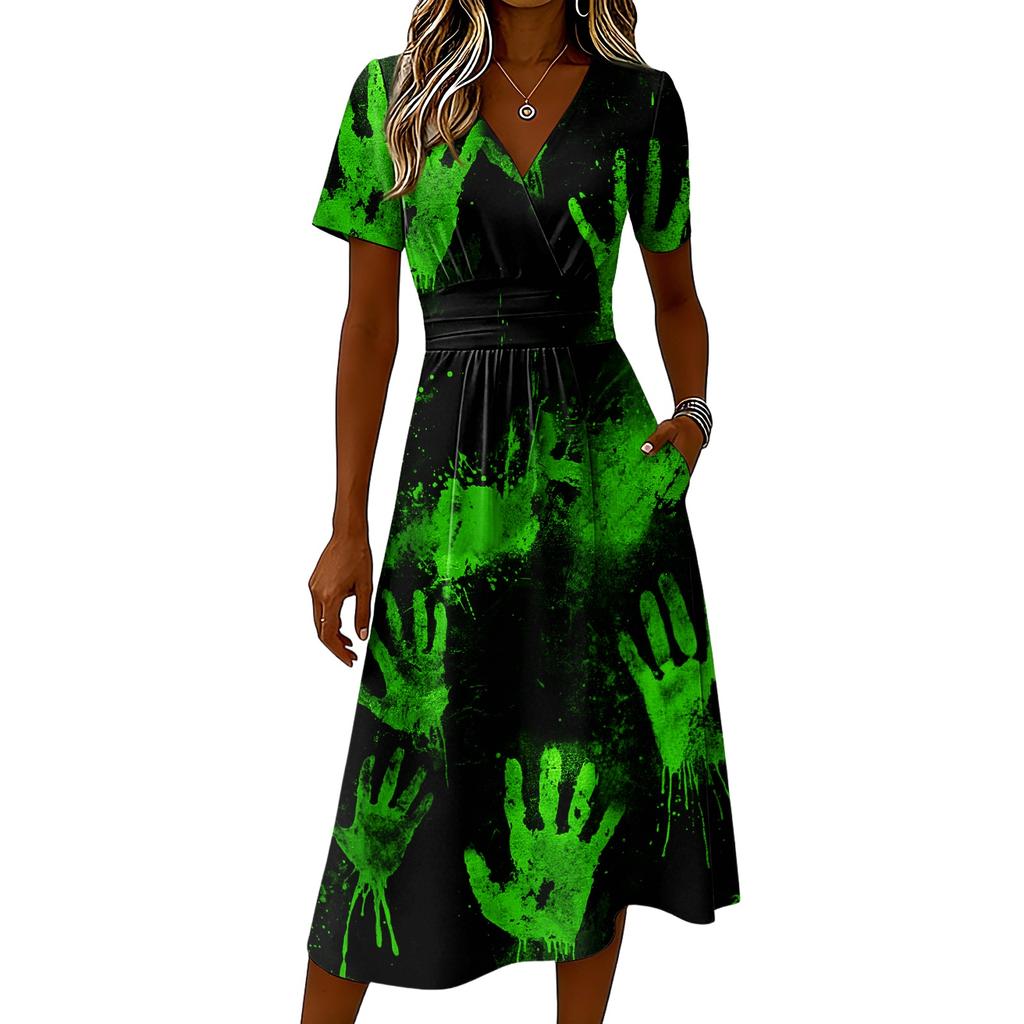 Women's Casual Short Sleeve V-Neck Dress with Halloween Print for Everyday Wear