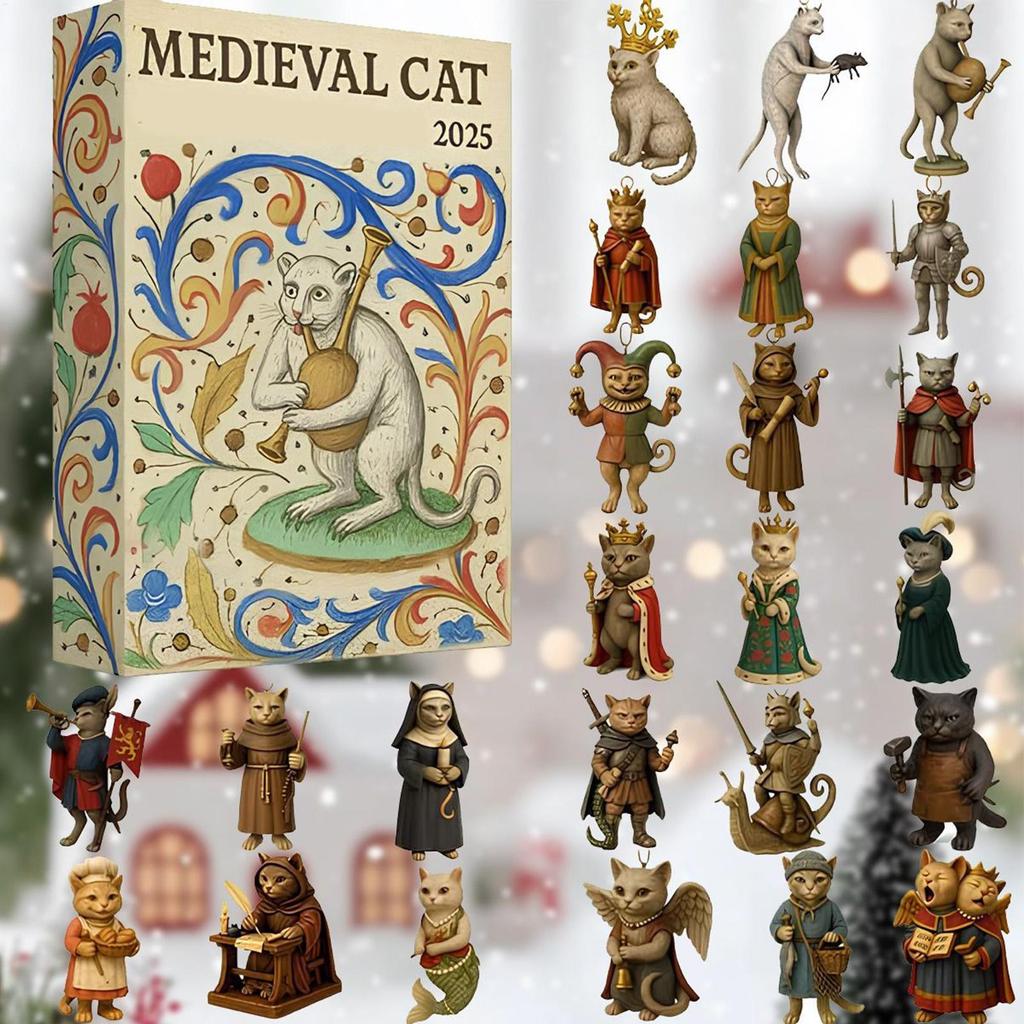 Christmas Cat Ornament Countdown 24 Day Medieval Theme Flat Toy Countdown To Christmas Calendar for Kids Toddler Teen Adult Boy