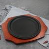 Cast Steak Plate BBQ Griddle Pan Nonstick Platter Round Shape Teppanyaki Wood Handle Grill for