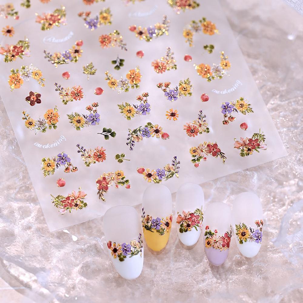 1pcs 5D Bronzing Gold Flower Nail Stickers Cute Mini Sunflower Daisy Nail Decals Self-Adhesive Little Wildflowers Nail Decora