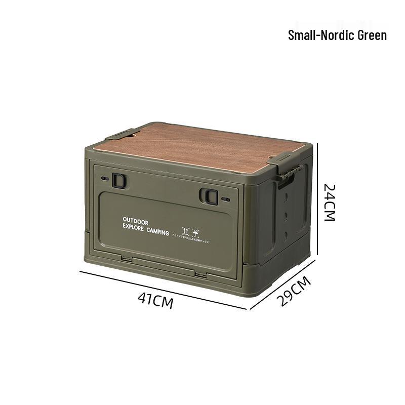 Portable Wheeled Camping Storage Box with Wooden Lid and Side-Opening Access