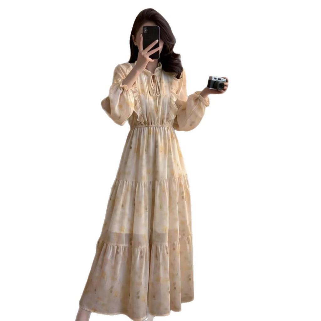 Women's Korean Chic Floral Ruffled Long Dress with European & Hong Kong Style and Puff Sleeves