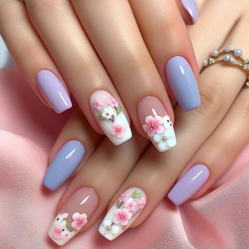 24 Pcs Simple Artificial Nail Long Shape Full Cover False Nail Glossy Stick on Nail Flowers Press On Nail