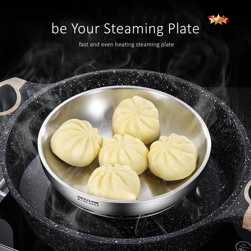 Hollow Layer Design Heat Insulation Plate 20~26cm Diameter Pure 304 Stainless Steel Dining Basin Brushed and Polished Tableware
