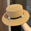 Elegant Boater Straw Hat with Pearl Flower Hatband Women Ladies Summer Breathable Wide Brim Beach Hat Sun Protection Visor Caps