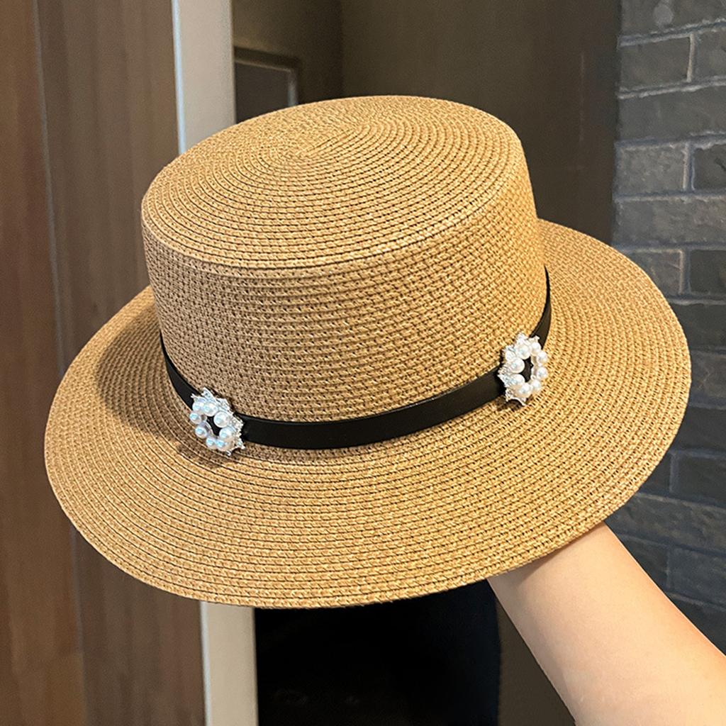 Elegant Boater Straw Hat with Pearl Flower Hatband Women Ladies Summer Breathable Wide Brim Beach Hat Sun Protection Visor Caps