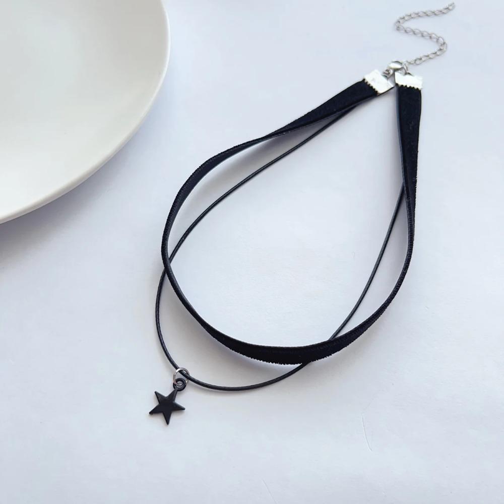Simple Personalized Black Velvet Strap Choker Neck Strap Double Pentagram Pendant Choker Necklace Women's Accessories Ornaments