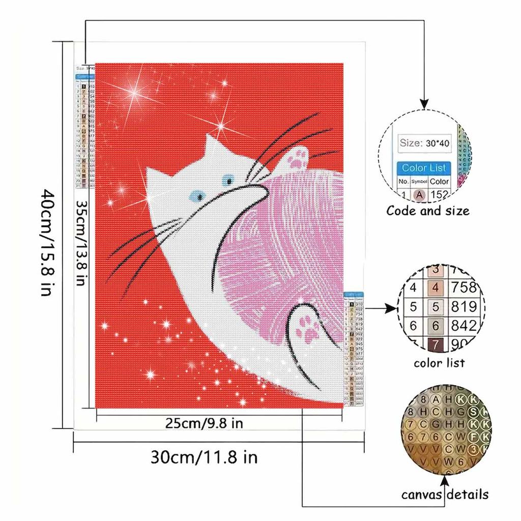 5D FullDrill Round Diamond Painting Kit Cute White Cat with Pink Yarn Ball Bedroom Decor Mosaic Craft Wall Art