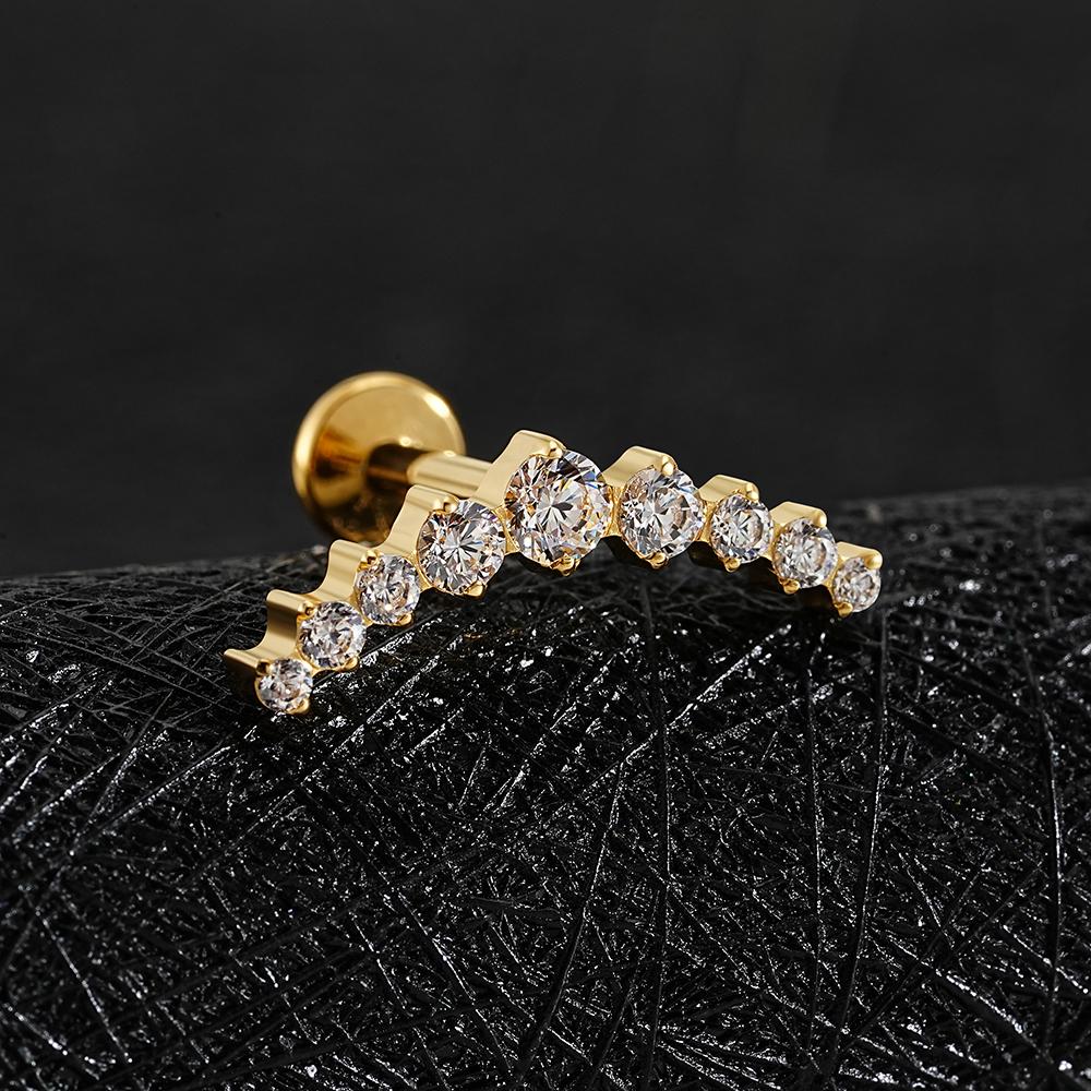 Right Grand ASTM F136 Titanium Arc CZ Cluster Labret Curved Bar Flat Back Stud Earring Helix Cartilage Conch Piercing Jewelry