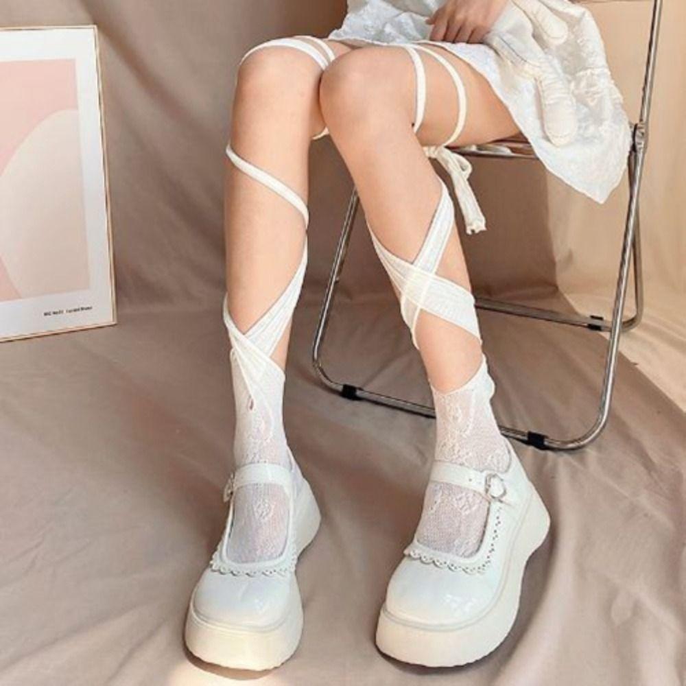 2Pairs Mesh Lolita Lace Stockings Hollow Split Toe Socks Fashion JK Lace-up Stockings  Ladies Girl