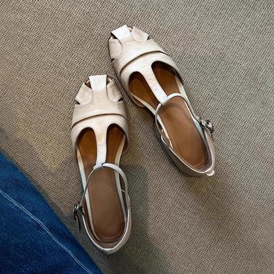Schafsleder-Version~ Retro-Rundkopf hohle Sommer-Ledersandalen Damen Einwort mit hohlem dickem Absatz Literarischer Stil Taschenkopfschuhe