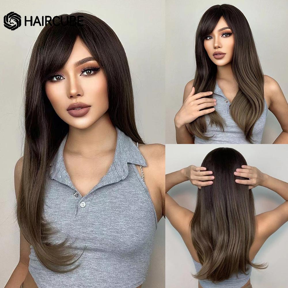 Long Wavy Layered Black-Brown Shoulder-Length Wigs With Bangs Heat Resistant Synthetic Wigs for Women Cosplay Daily Natural Wigs