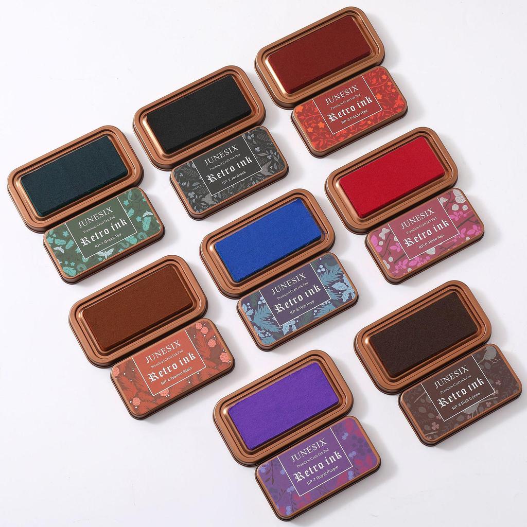 Retro Tin Box Stamp Pad Set: 8-Color Ink Pads for Rubber Stamp Journals and DIY Projects.
