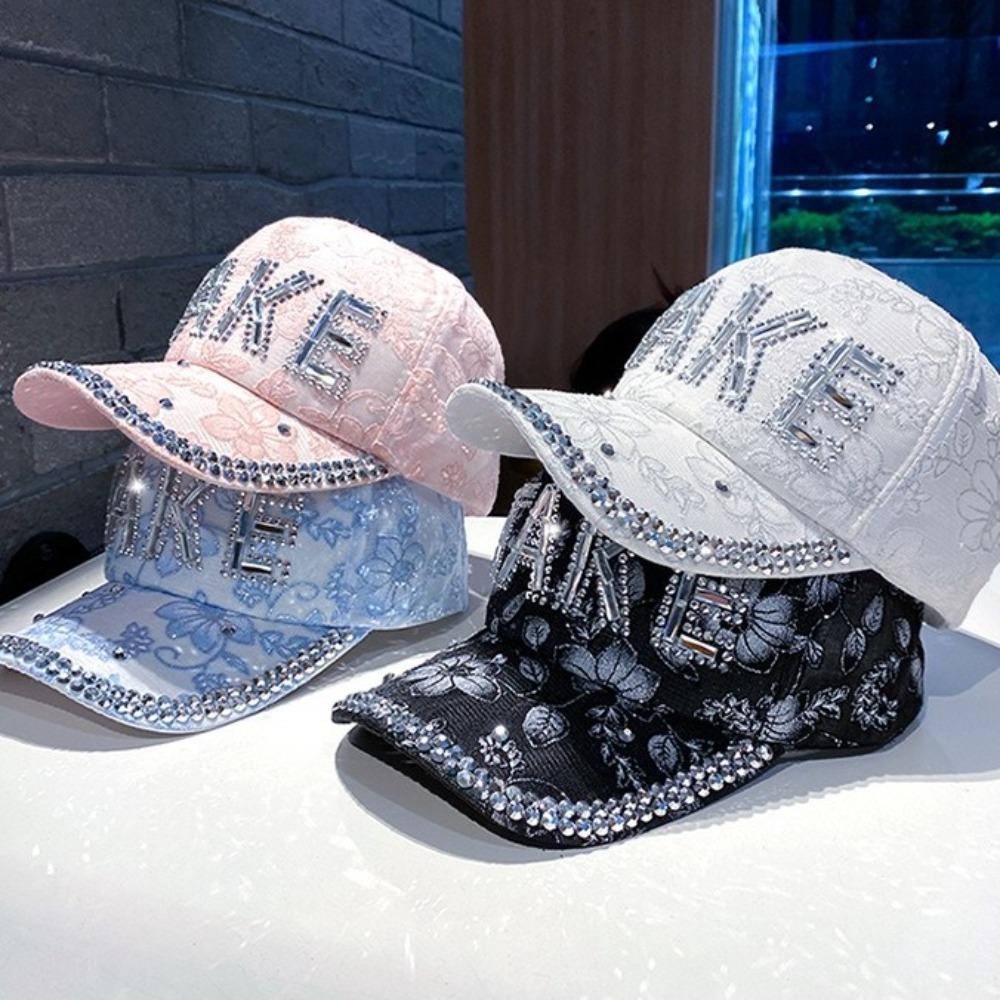 

Korean Style Sunscreen Peaked Cap Flower Women Sun Cap Fashion Rhinestone Baseball Hat Women синій
