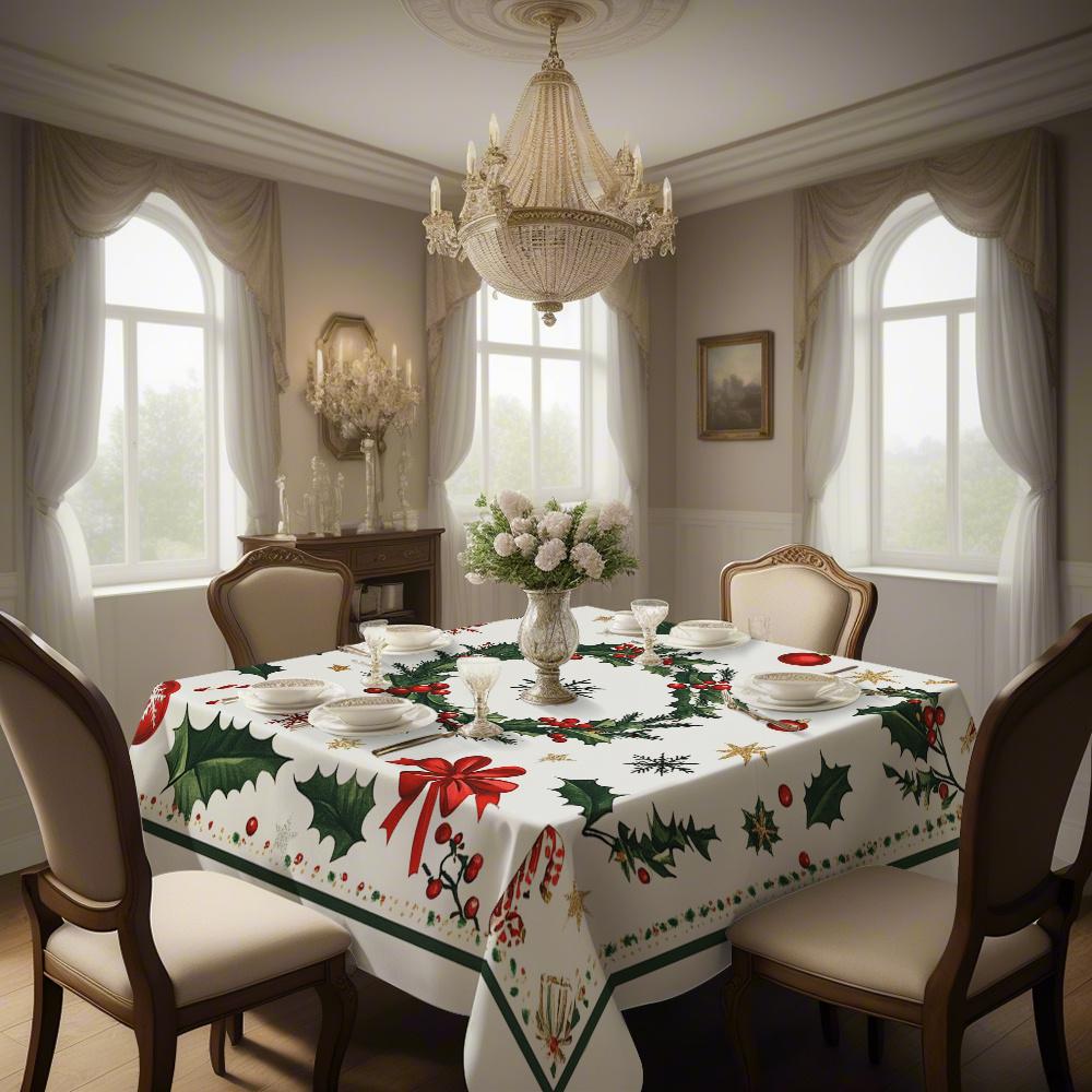 Christmas Poinsettia Holly Snowflake Waterproof Tablecloth Table Decor Winter Xmas Kitchen Table Runner Christmas Decorations