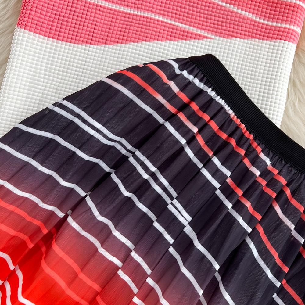 Women's Stand Collar Short Sleeve Striped Gradient High Waist Short Top Two Piece High Waist Pleated Skirt