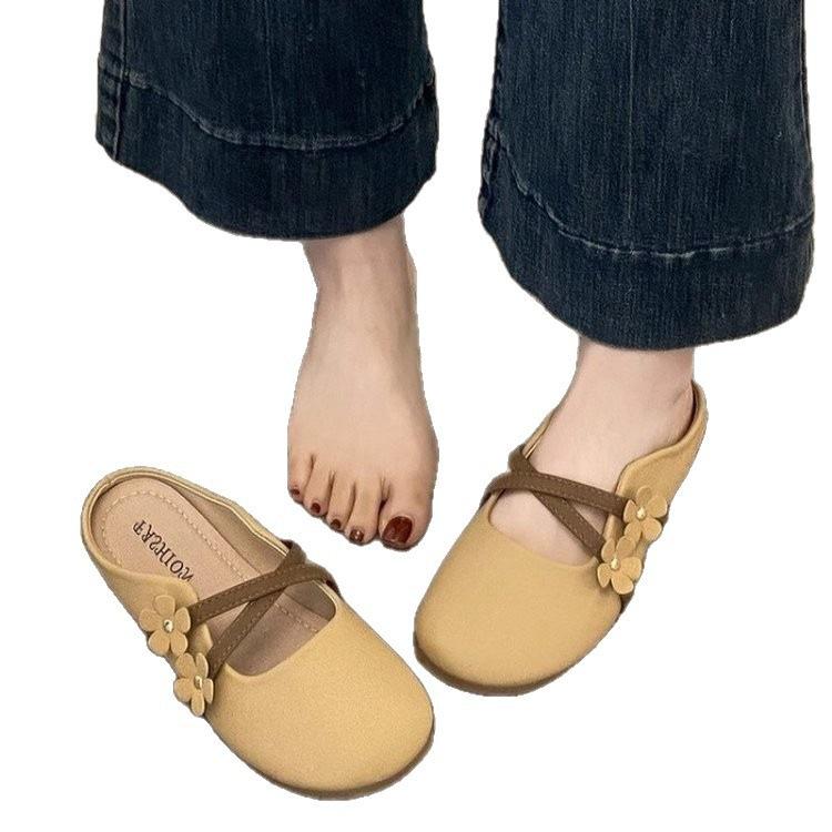 Baotou half slippers women's outer wear temperament versatile 2025 summer new soft leather lazy one pedal fashion single shoes women