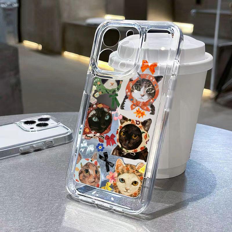 Cat Pattern Transparent TPU Shockproof Bumper Phone Case For iPhone 16E 16 15 14 13 12 11 Pro Max XS X 7 8 PLUS SE  Cover