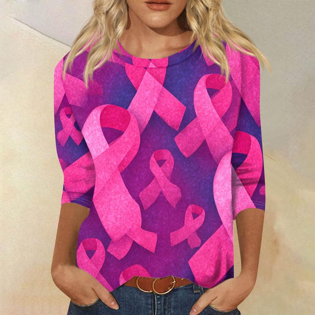 Women's Fashion Casual Seven Split Sleeve Printed Loose Round Neck Top