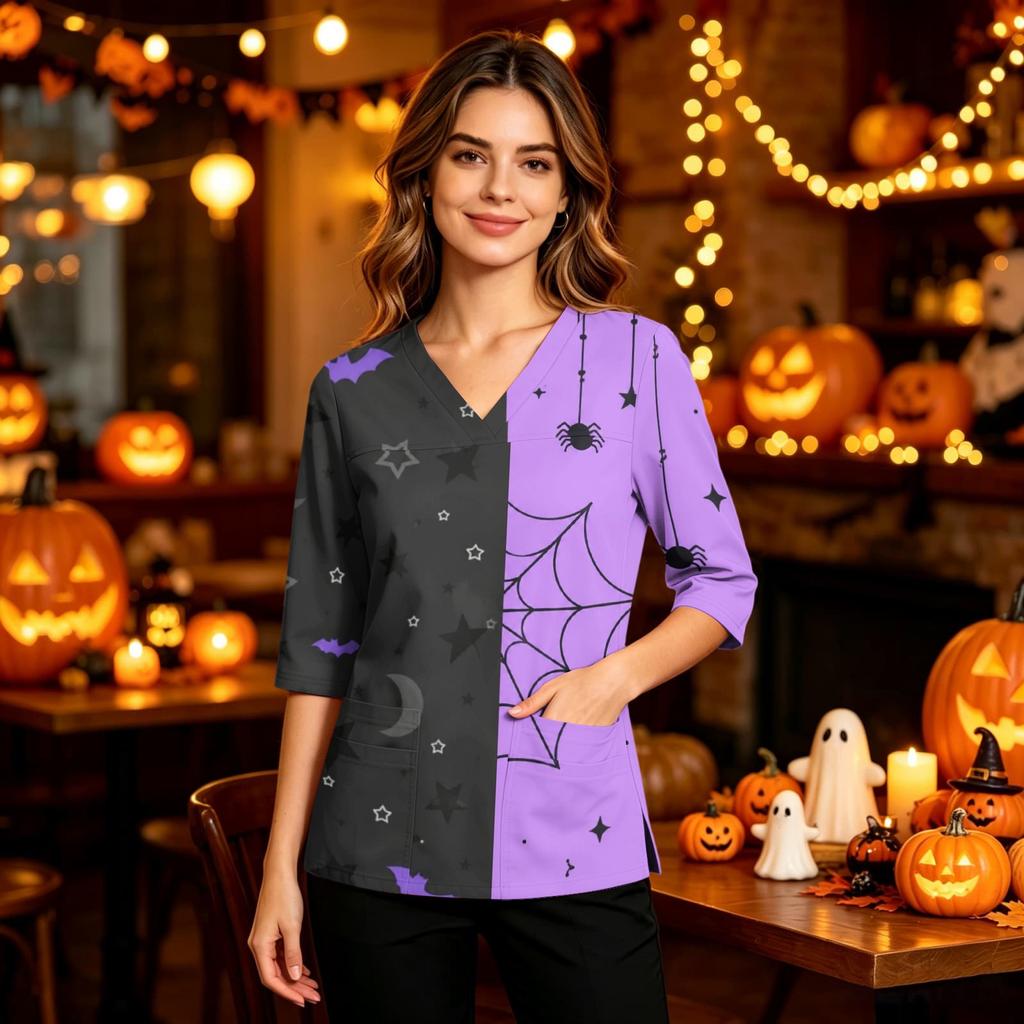 Women's Halloween Print V-Neck Uniform Top with Pockets and Side Slits, Three-Quarter Sleeve Casual Scrub