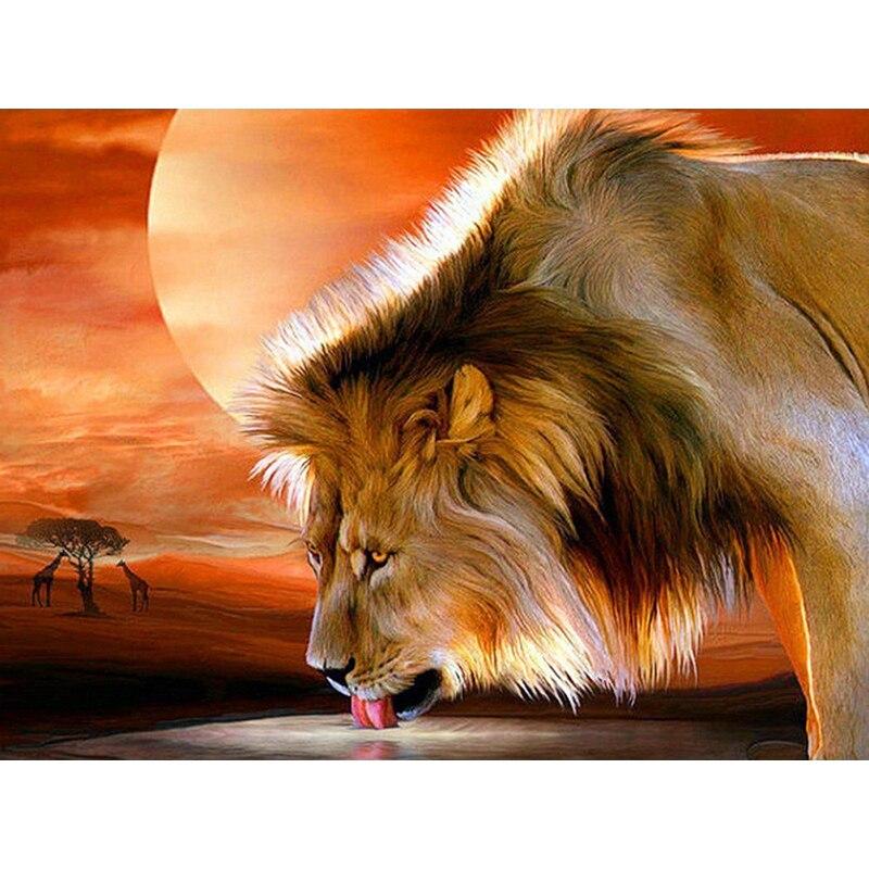 New 5D DIY Animal Diamond Painting Lion Diamond Embroidery Sunset Cross Stitch Full Round Drill Home Decor Manual Gift