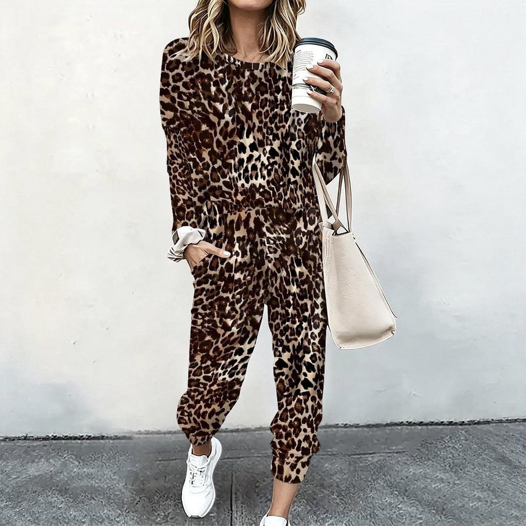 Ladies Round Neck Long Sleeve Blouse And Elastic Waist Straight Leg Trousers Two Piece Soft Casual Outfit