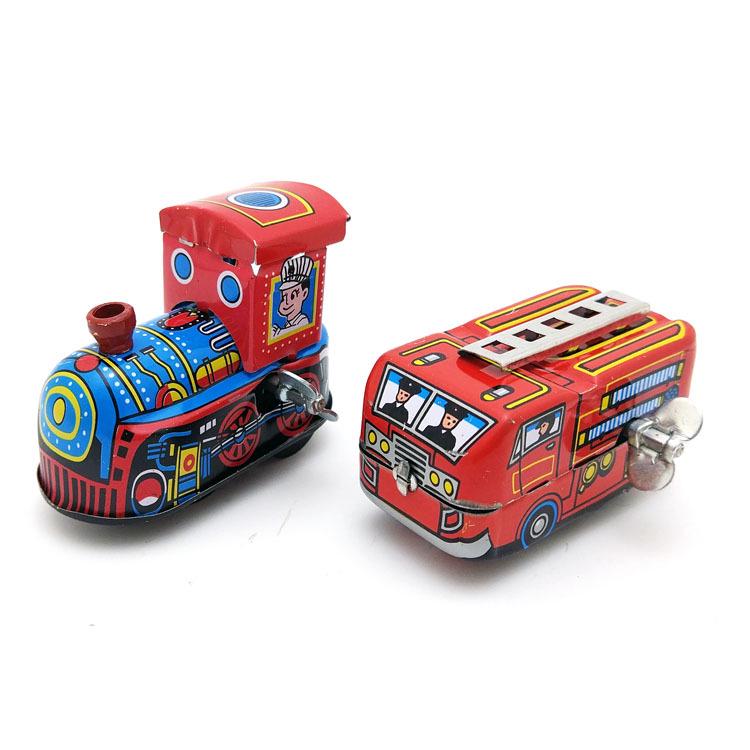 Nostalgic 80s-90s Wind-up Toys: Fire Truck & Locomotive Photography Props
