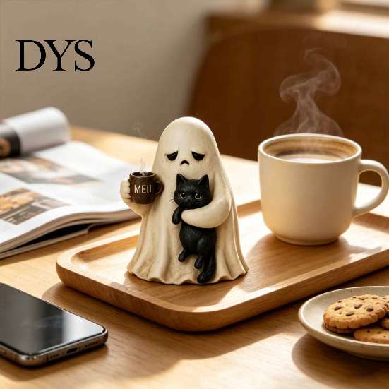 Ghost Holding Cat Statue Meh Mood Figurine, Cute Black Vintage Statue, Halloween Tabletop Ornament for Home Office Decor Resin