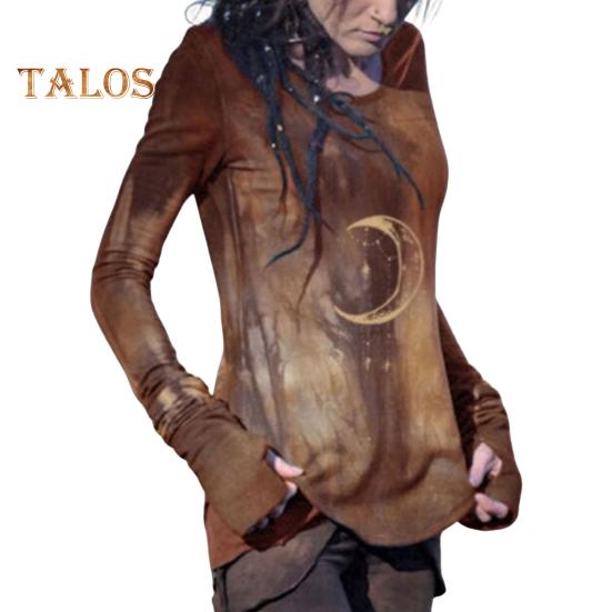 Top da donna Girocollo Manica lunga Maglietta stampata luna Aderente Lunghezza media Elasticizzata Maglietta da indossare tutti i giorni