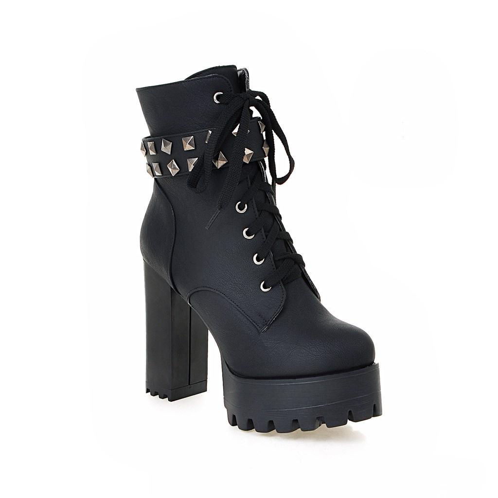 2026 Punk Dark Style Women's Chunky Heel Platform Boots with Rivets