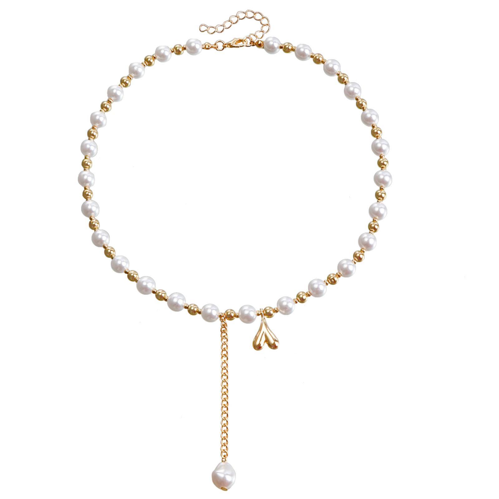 

Women s Fashion Mix-and- Imitation Pearl Beaded Necklace With Valentine s Day Heart Pendant Collarbone Necklace One Size