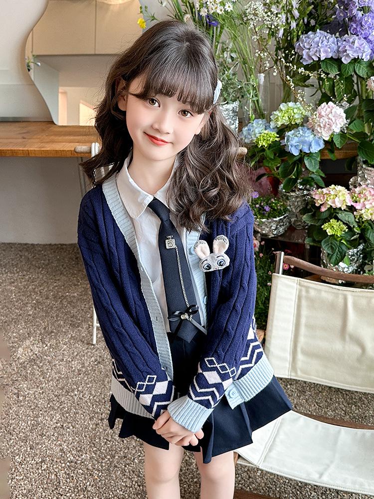 Girls' College Style Three-Piece JK Uniform Set: Pleated Skirt, Cardigan Sweater, and Bunny Officer Accent
