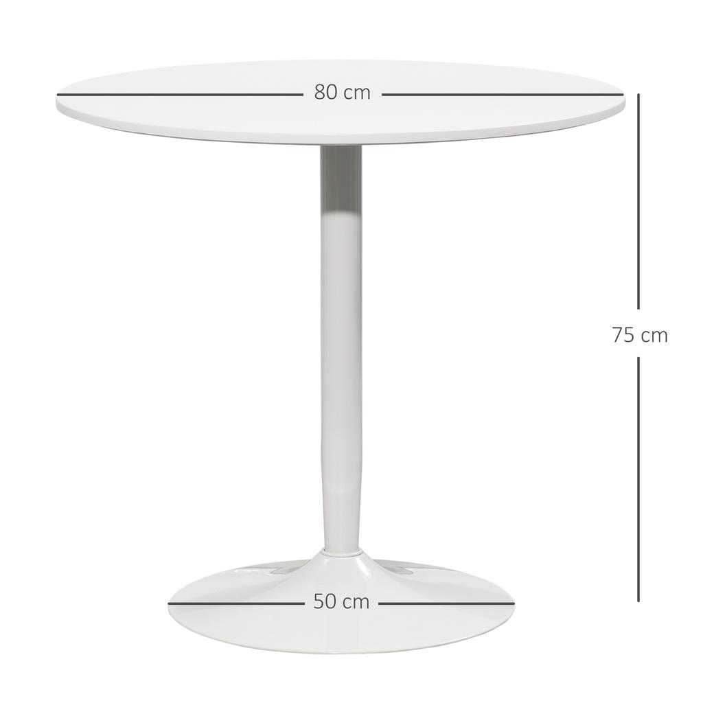 Mesa de Comedor para 2 Personas, Tablero Redondo diámetro 80 cm, MDF y Acero, Antideslizante, Blanca, 75A cm