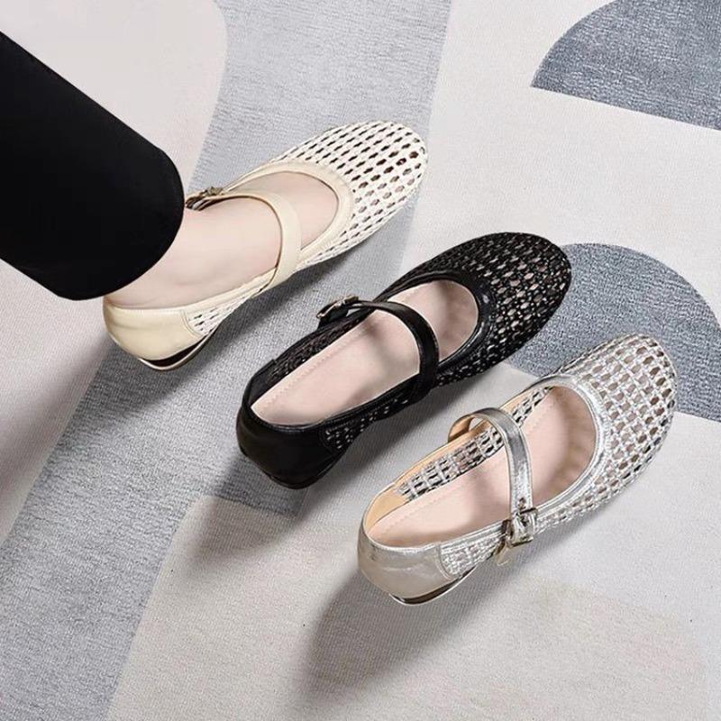 Beautiful woven hollow women's single shoes summer thick heel soft sole flat sole single shoes