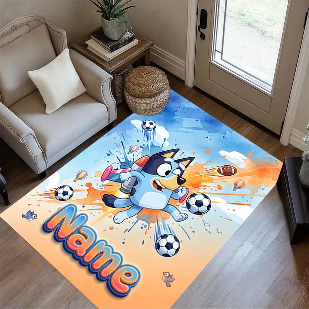 Soccer Fun Bluey Personalized Name Floor Mat Design for Bedrooms Decorate Room Outdoor Entryway Antislip Carpet Decorate Offices