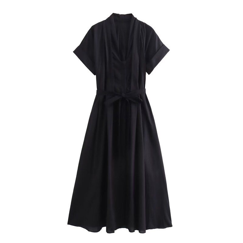 Western Style 2024 Summer New Women Clothes Elegant Drawstring Cotton Shirt Jumpsuit Long Dress 2183246