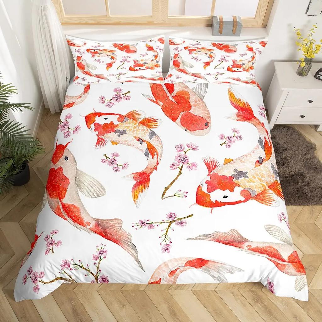 Japanese Goldfish Duvet Cover Set Fantasy Yin Yang Cherry Blossom Flowers Comforter Cover Set Blue Sea Wave Breathable Bedding