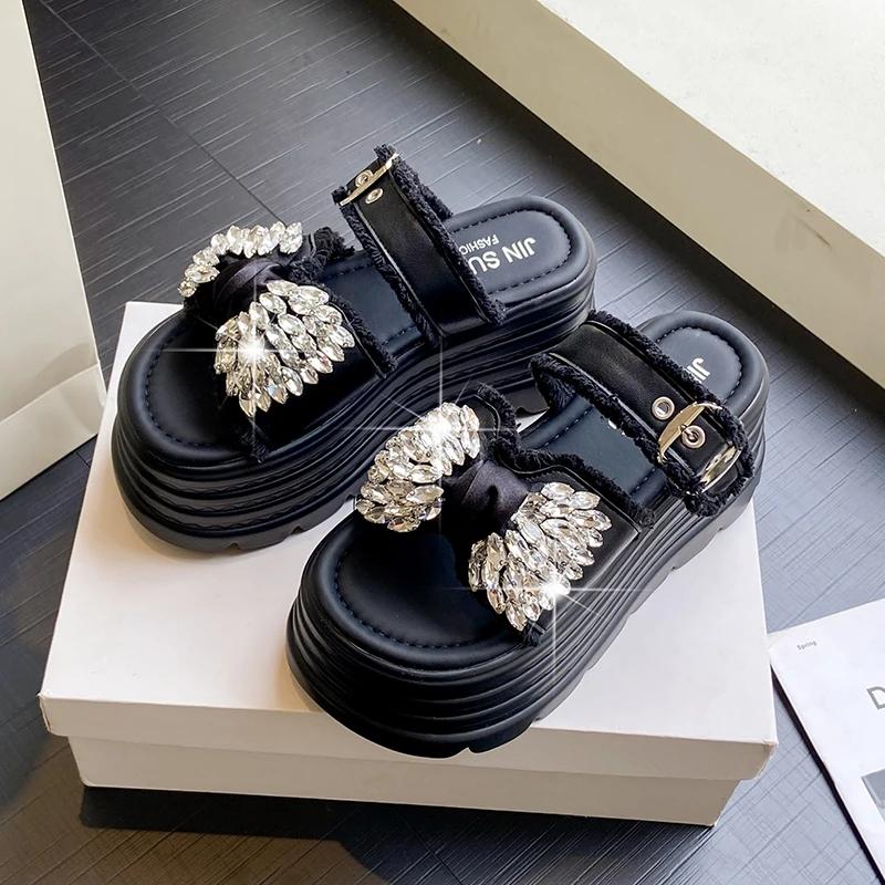 New Women's Summer Outdoor Thick Bottom Slip-On Slippers 8.5CM Butterfly Knot High Heels Bling Diamond Shoes Ladies Flat Sandals