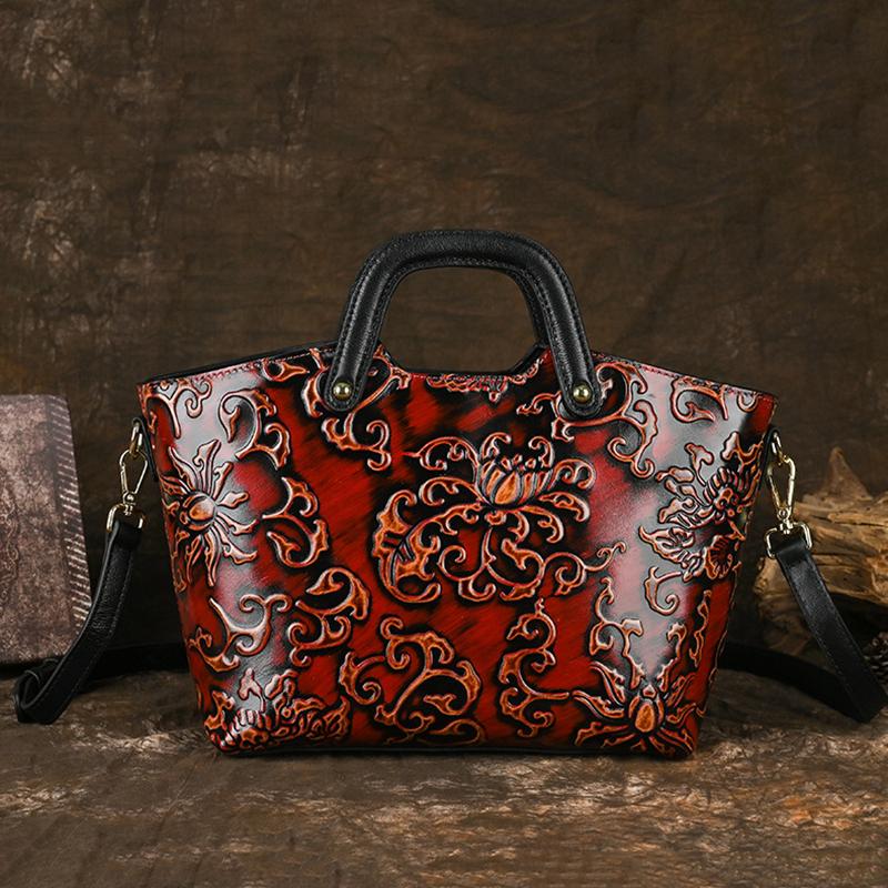 Vintage Chinese Rubbing-Off Color Technique Genuine Leather Women'S Bags Embossed Women'S Bags Leather Bags Premium