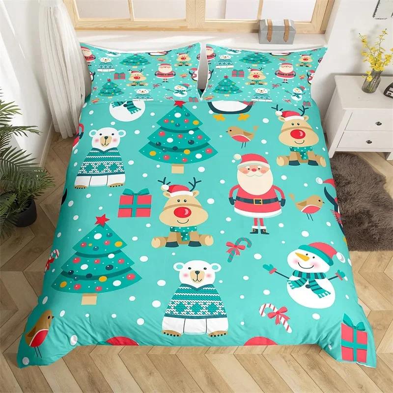Christmas Theme Duvet Cover Set Single King Queen Twin Cartoon Santa Claus Bedding Set Microfiber Xmas Deer Comforter Cover