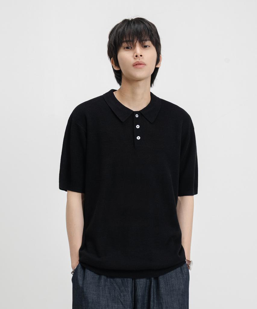 LEMAIN SECOND Linen-Like Oversized Washable Collared Short Sleeve Knit [Black]