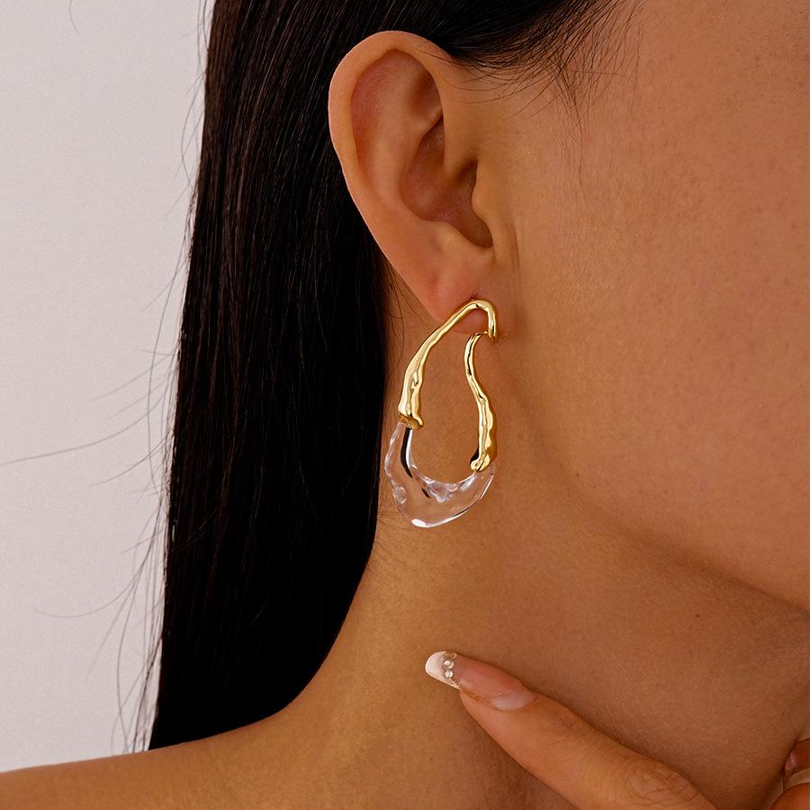 Geometric Water Drop Resin Earrings: Sterling Silver Needle, Gold-Plated, Irregular French Design for Women