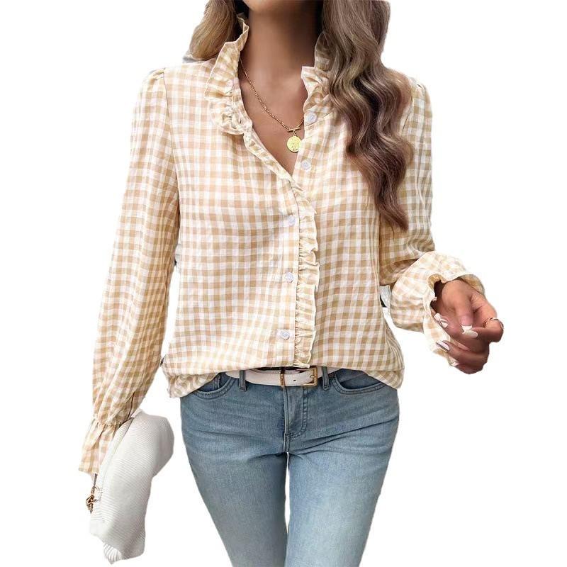 2026 Spring French Ruffle Plaid Women's Shirt - New Arrival