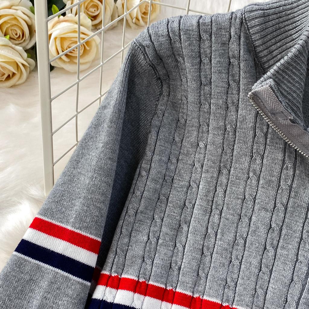 Faionable Knitted Embroidered Striped Set High Waist Wide Leg Pants Zipper Jaet for Women Autumn Season Casual Wear