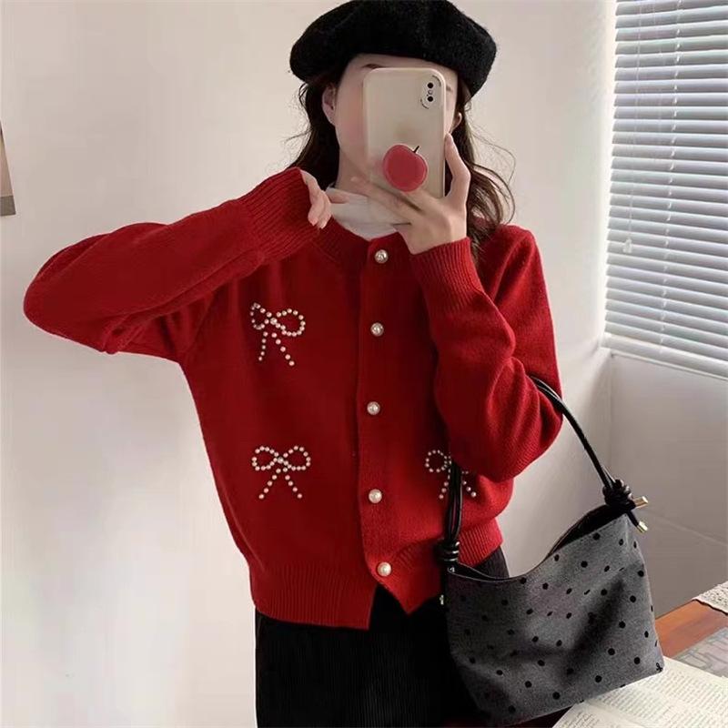 Retro beaded bow button sweater winter Hong Kong style crew neck knitted sweater versatile stacked coat
