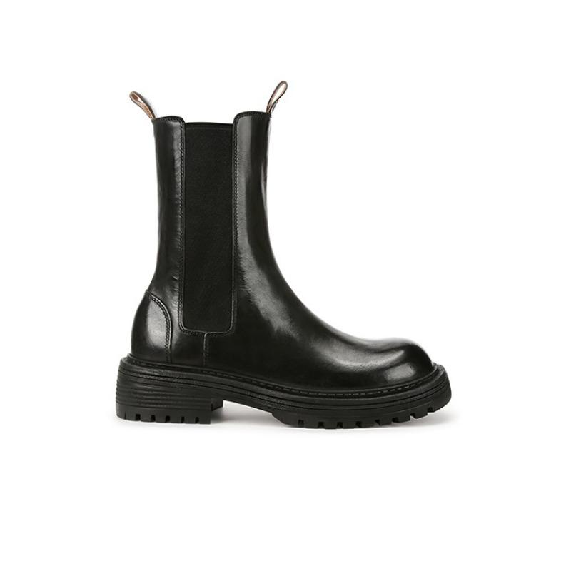 [] Women's Boots~ Washed Horse Pattern Folded Thick-soled Chelsea Elastic Martin Short Boots Women's Smoke Boots