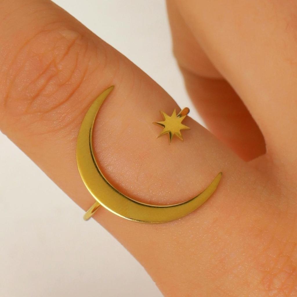 Unisex Sun and Moon Stainless Steel Open Ring – Personalized European and American Style